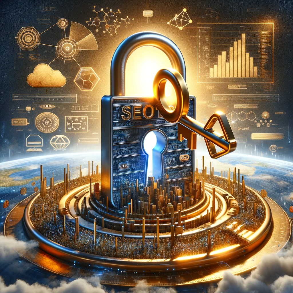"Golden key unlocking a large intricate lock with digital elements in the background, symbolizing Seotiras SEO agency's success."