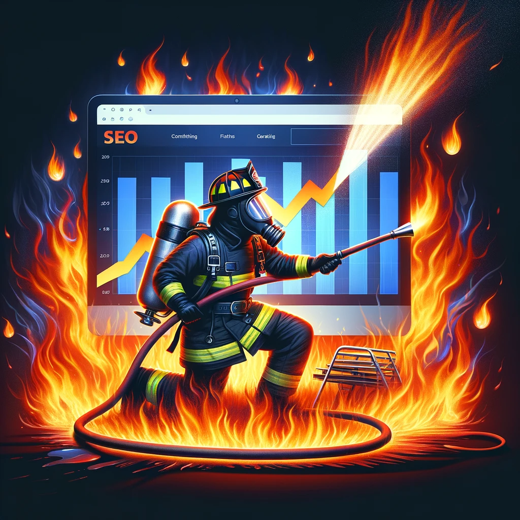 "Firefighter battling digital flames with fire hose, against backdrop of rising website traffic graph."